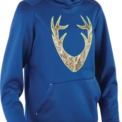Huntshield Youth Pullover Hoodie With Pockets For Hunting/Hiking, Blue/Camo